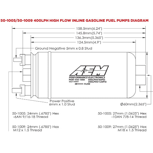 AEM E85 Compatible Inline High Flow Fuel Pump, 400LPH, M18 Inlet, M12 Outlet - Prolink Performance