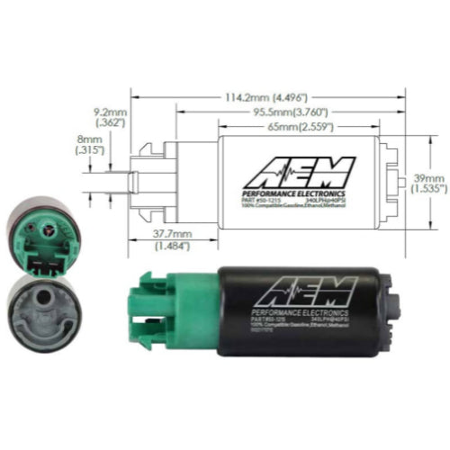 AEM 340LPH E85-COMPATIBLE HIGH FLOW IN-TANK FUEL PUMP 65mm Body w/Hooks - Offset Inlet/340LPH@40psi/Not application specific - Prolink Performance