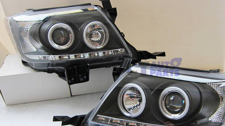 Black DRL LED Angel-Eyes Projector Headlights for 2011-2014 Toyota Hilux SR5 head lights